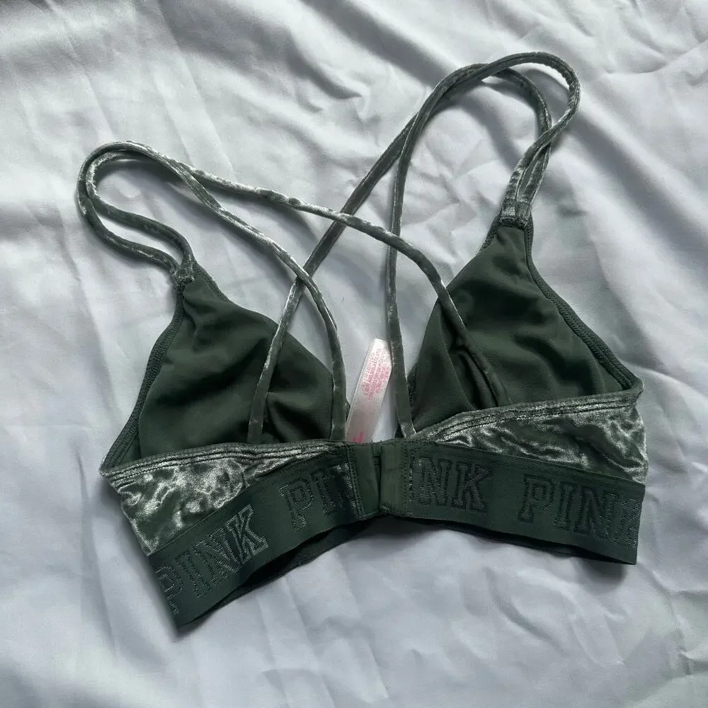 Victoria's Secret PINK dark green velvet strappy bralette sz XS